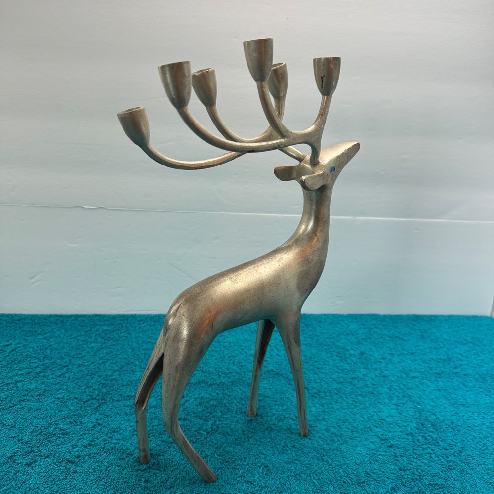 Vintage Silver Metal Reindeer Candelabra 6 Antler Taper Candle Holder Blue Eyes - Picture 5 of 12